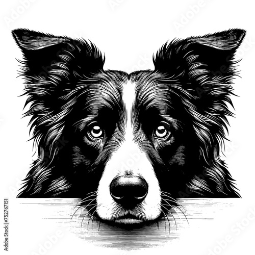 border collie hanging over a wall. Hand Drawn Pen and Ink. Vector Isolated in White. Engraving vintage style illustration for print, tattoo, t-shirt.	