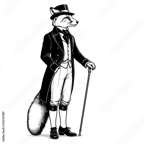 Full-body fox dressed in 18th-century attire, complete with a stylish suit, hat, and cane. Hand Drawn Pen and Ink. Vector Isolated in White. Engraving vintage style illustration.