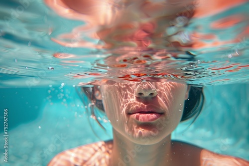 Retrato underwater mujer nadando, cara de chica joven bajo el agua azul, verano nadando en la piscina 