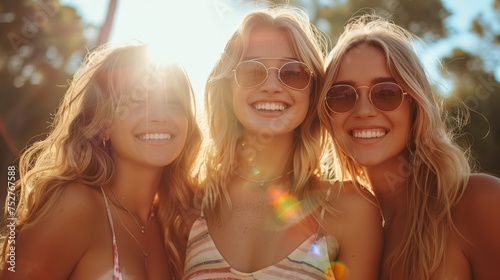 three women in bikinis and sunglasses are posing for a picture together © Vitalii