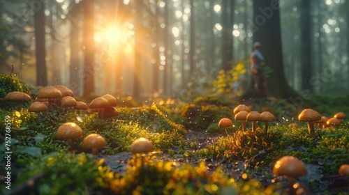 Amazing forest. Morning light The sun is just rising. Moss on the ground. Mushrooms scattered in the forest. morning dew water drops and grass In the foreground  hikers are on the forest path.