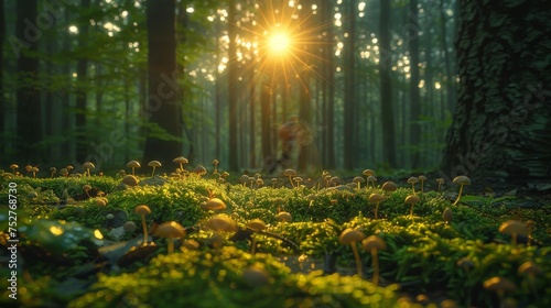 Amazing forest. Morning light The sun is just rising. Moss on the ground. Mushrooms scattered in the forest. morning dew water drops and grass In the foreground, hikers are on the forest path. © ND STOCK