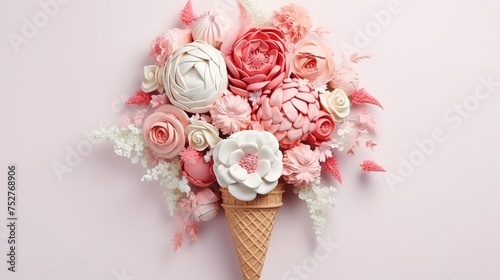 Spring Delights: Ice Cream Cone with Bouquet of Flowers photo