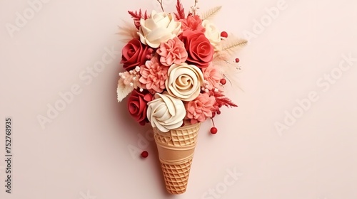 Spring Delights: Ice Cream Cone with Bouquet of Flowers photo