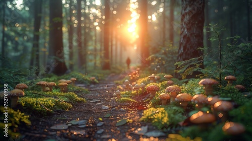 Amazing forest. Morning light The sun is just rising. Moss on the ground. Mushrooms scattered in the forest. morning dew water drops and grass In the foreground  hikers are on the forest path.