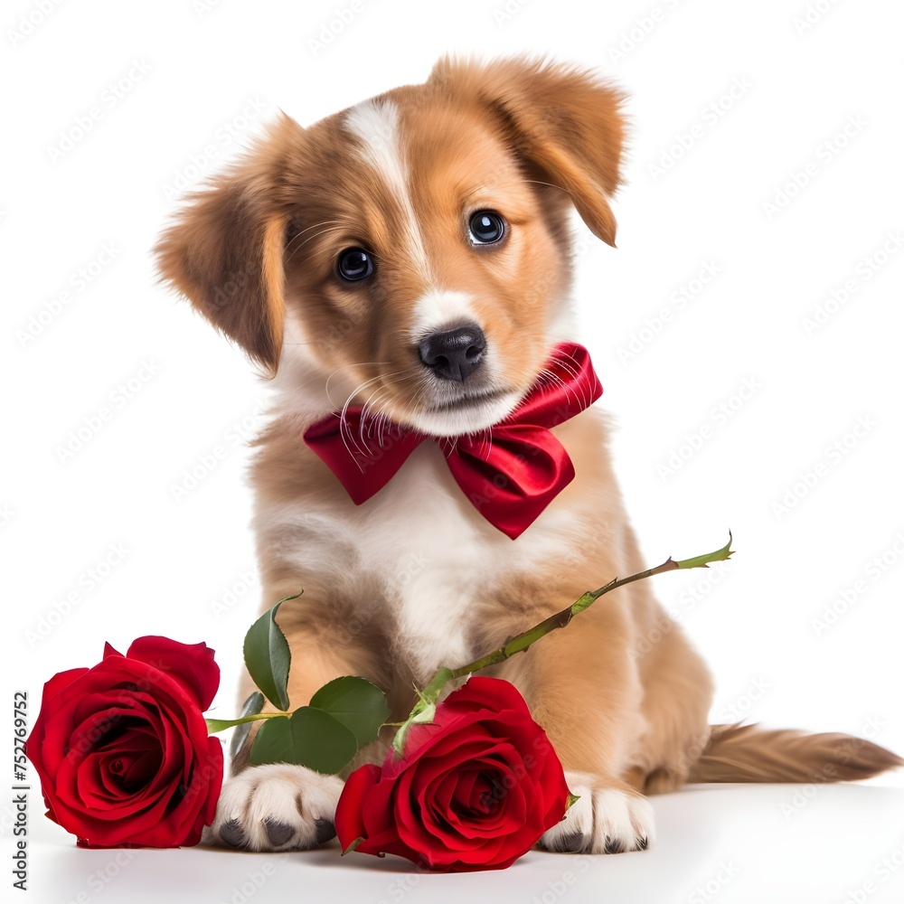 concept de saint valentin portrait drôle chiot chien mignon avec rose rouge
