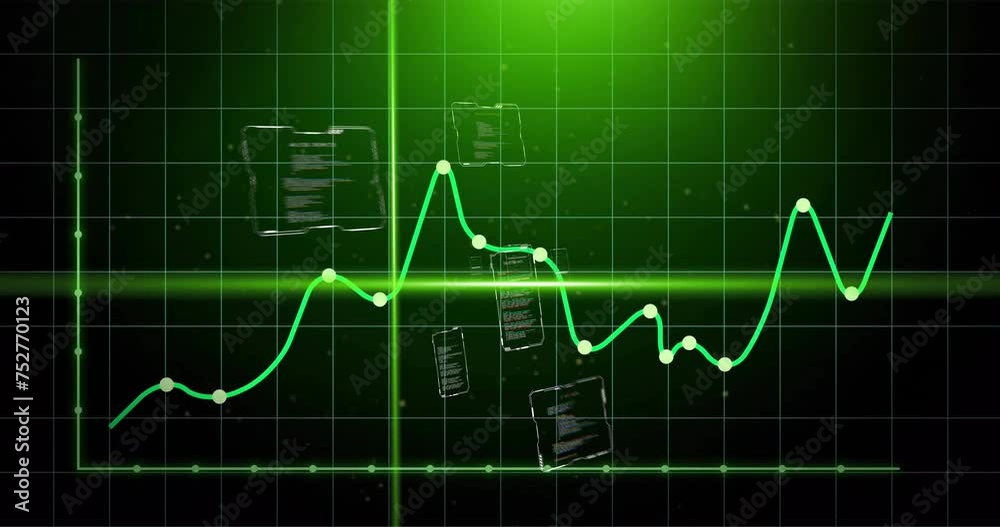 Animation of green graph and scanner beams over interfaces processing data on dark background Animation of green graph and scanner beams over interfaces processing data on dark background