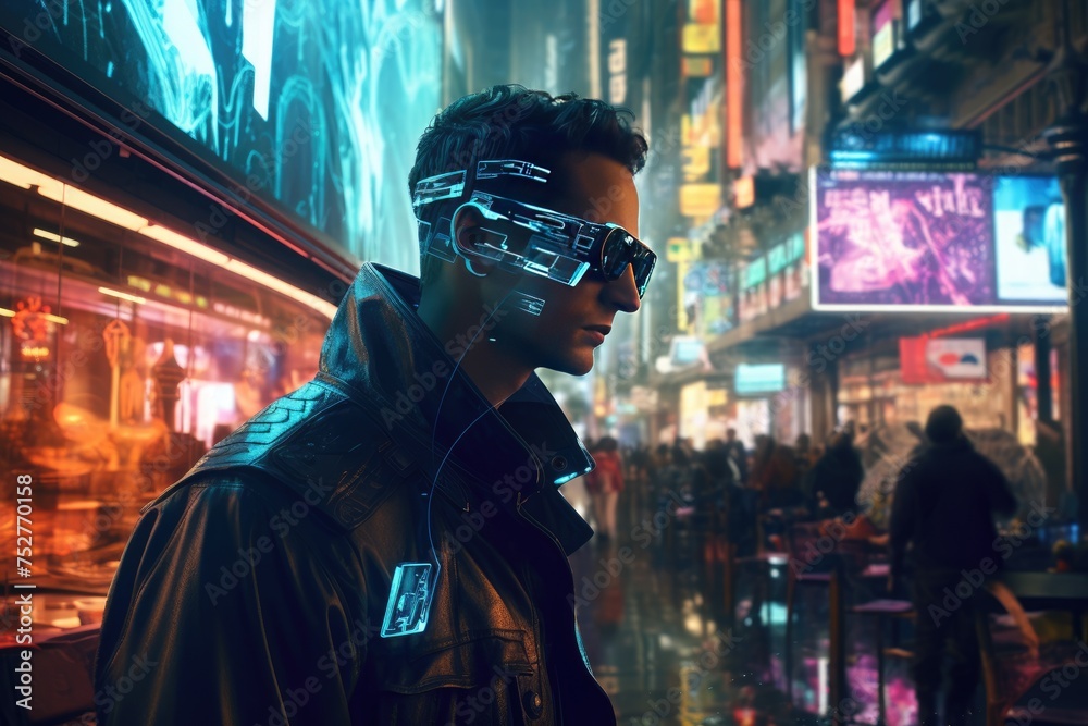 A neon Light, rain slicked alleyway in a futuristic city, with holographic advertisements swirling overhead and augmented reality displays flickering on passersby's glasses, Ai generated - obrazy, fototapety, plakaty 
