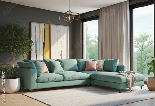 cosy corner sofa with comfort pillow in living room contemporary home interior design concept happiness house beautiful furniture design in living room daylight with freshness tree decorating