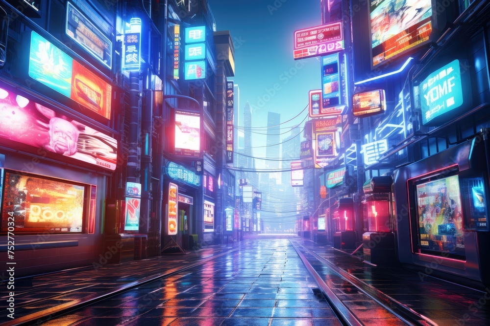 A neon Light, rain slicked alleyway in a futuristic city, with holographic advertisements swirling overhead and augmented reality displays flickering on passersby's glasses, Ai generated
