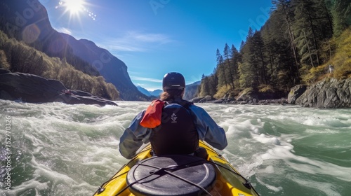 whitewater kayaking, down a white water rapid river in the mountains © Media Srock