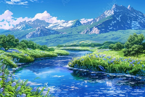 A Blue River Flows Through a Field of Wildflowers on a Sunny Day Generative AI