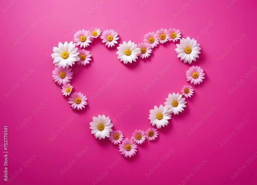 the heart is lined with flowers on a pink background. space for text.