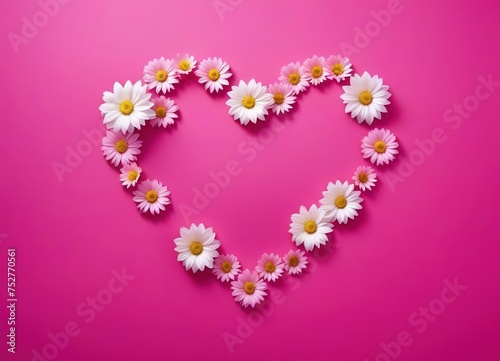 the heart is lined with flowers on a pink background. space for text.