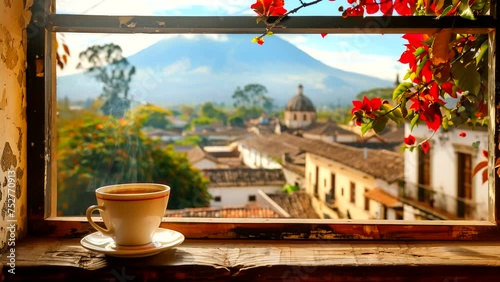 cup of coffee at the window with a city view of Kigali, Rwanda. Seamless looping 4k time-lapse video animation background photo