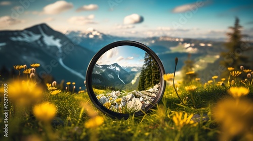 Panoramic view of the mountain valley through a magnifying glass