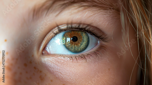 Beautiful close-up photo of the eye that is brown on the one side and green on the other side. Segmental different parts of one iris are different colors