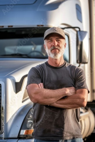 Confident white American truck driver standing in front of his truck
