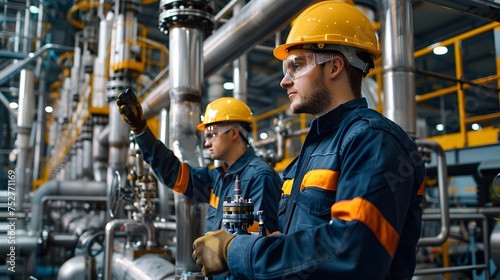Two Workers Inspecting Equipment at an Oil Refinery, To convey the importance and precision of industrial work and safety protocols in the energy