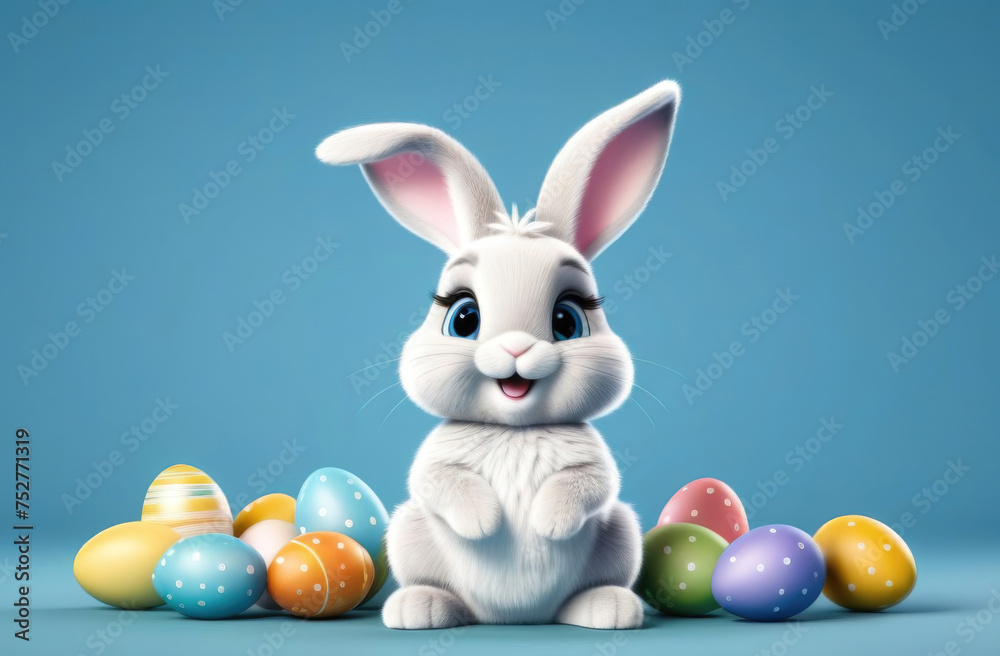 Cute Easter bunny with colorful easter eggs on blue background. Happy Easter concept Cute Easter bunny with colorful easter eggs on blue background. Happy Easter concept