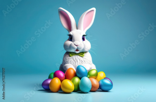 Easter bunny with colorful eggs on blue background. Happy Easter concept