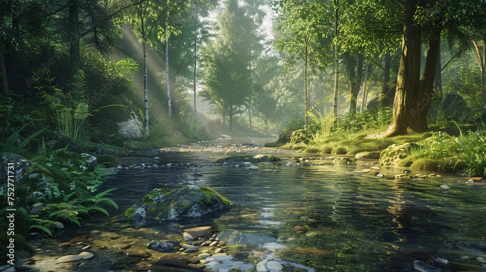 Fototapeta premium A serene forest scene with a river flowing through it, reminiscent of the monthly event 'Full Moon'. Generative AI