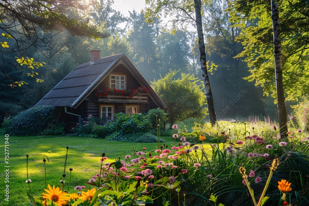 Summer Solstice Serenity A Rustic Cabin in a Sunlit Forest Generative AI