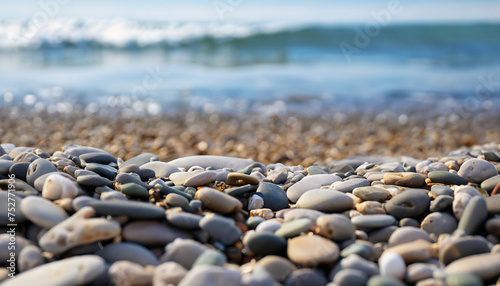 Pebbles on the beach with blurred sea water on a background.