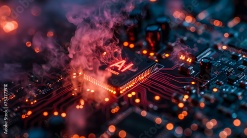 Advanced computer processor chip with AI acceleration is burning in dark digital environment.