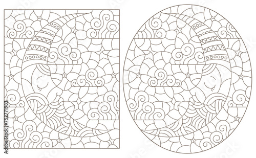 Set of contour illustrations of stained glass Windows with the moon and sky, round and rectangular image, dark contours on white background