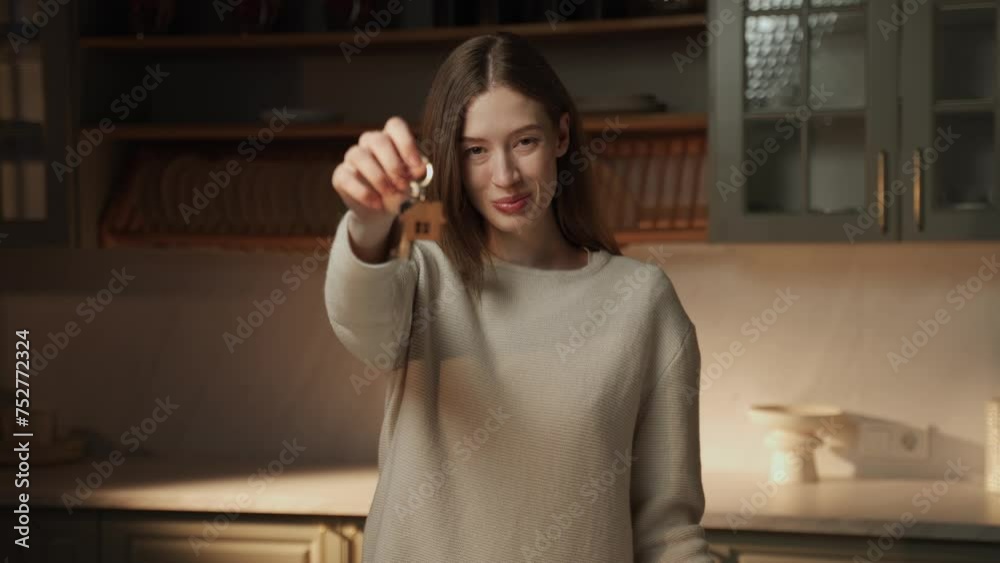 A cheerful young woman stands in a dimly lit modern kitchen, holding up a set of keys towards the camera, symbolizing a new home or ownership. Her casual attire and subtle lighting suggest a A cheerful young woman stands in a dimly lit modern kitchen, holding up a set of keys towards the camera, symbolizing a new home or ownership. Her casual attire and subtle lighting suggest a