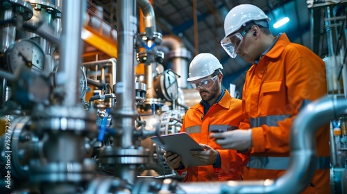 Workers in Orange and Black Pipeline Production in Industrial Setting, Concept of industry, technology, and engineering in the modern world, ideal