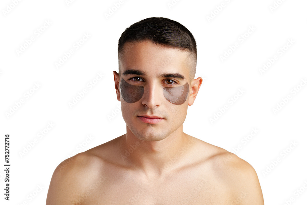 Portrait of attractive young male model with eye patches on white background Portrait of attractive young male model with eye patches on white background