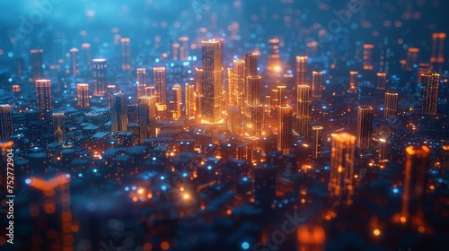 A futuristic city in neon and gold-yellow or orange light. Abstract background. The concept of modern technologies