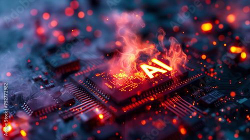 Advanced computer processor chip with AI acceleration is burning in dark digital environment.