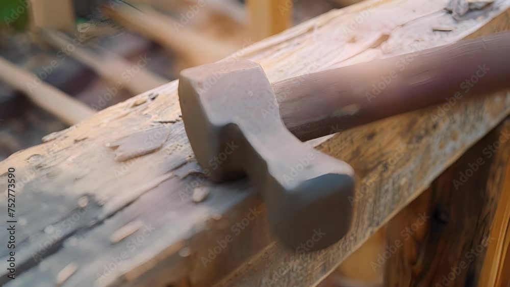 A worn and wellloved hammer marked with years of use strikes a nail with expert precision as it secures a new railing in place. A worn and wellloved hammer marked with years of use strikes a nail with expert precision as it secures a new railing in place.
