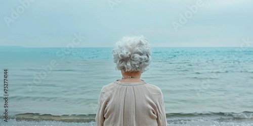 señora mayor con vestido de verano ve por primera vez el mar, anciana a la orilla del mar en la playa  photo