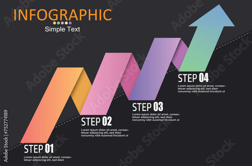 Vector infographic showing a graph with ascending steps divided into 4 steps with an arrow pointing upwards on a gray-black background for easier presentation of roadmap reports.