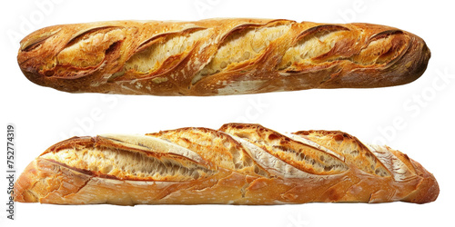 A whole crispy french baked baguette, side view and top view, transparent or white background