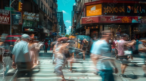 Busy street scene with motion blur of walking people in urban setting