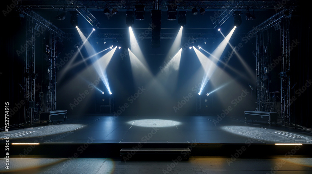 Stage illuminated by blue and orange spotlights. Empty scene with spots of light on the floor. illustration of studio, theater, or club interior with color beams of lamps
