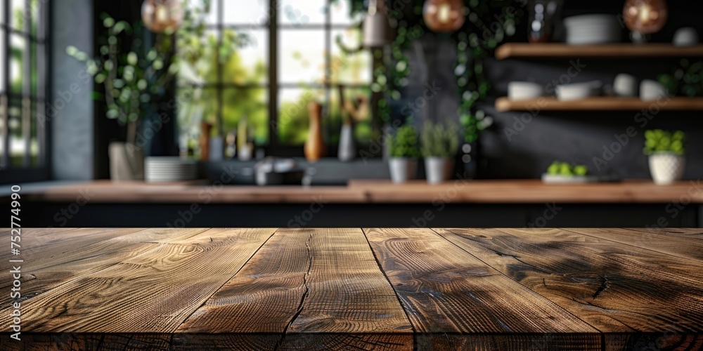 Natural brown wooden kitchen island table top with wit. Generative Ai - obrazy, fototapety, plakaty 