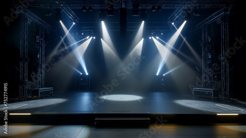 Stage illuminated by blue and orange spotlights. Empty scene with spots of light on the floor. illustration of studio, theater, or club interior with color beams of lamps © Atlantist studio