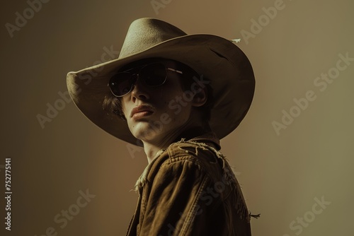 modelo joven con ropa vaquera, retrato aislado adolescente guapo con sombrero vaquero photo