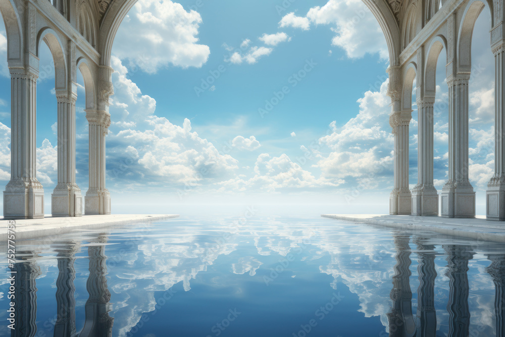 Fototapeta premium Digital artwork of a serene mirror dimension where water meets sky in perfect symmetry