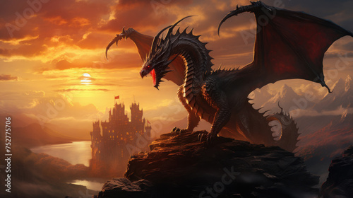Ancient dragon guards a mystical castle its silhouette against the setting sun a beacon for wizards and elves