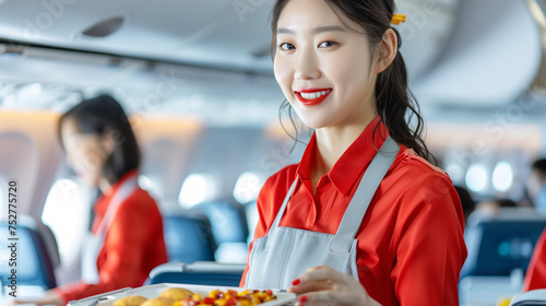 On the flight, a cheerful Korean flight attendant distributes airplane meal trays with a smile.