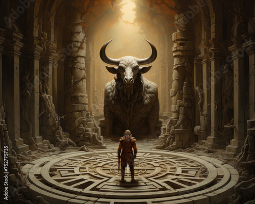 Close encounter with a minotaur in thought the labyrinth around him a testament to vintage myths