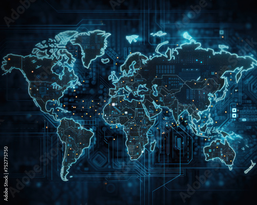 Detailed texture of a digital world map emphasizing cyber technology and global information flow