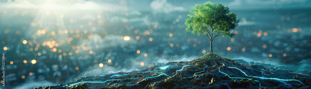 Sapling from chip wide perspective ecotech symbolism in panoramic view Sapling from chip wide perspective ecotech symbolism in panoramic view
